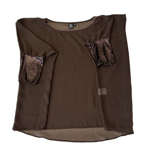 Solo Moda Women's Sheer Overlay Top Batwing Large Brown Sequined Sleeve - Picture 1 of 7